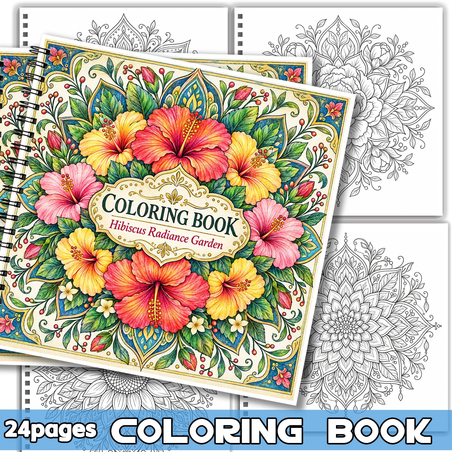 Spiral Binding Coloring Book Hibiscus Radiance Garden Design For Adults Teens Showcasing Creativity Relieving Stress 24 Sheets