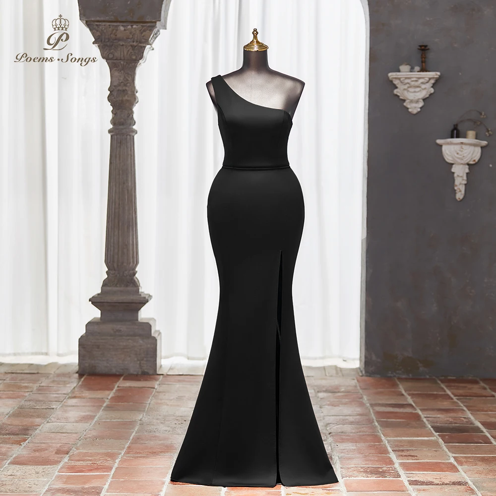 Black One-Shoulder Eye-catching Evening Dress with Mermaid Silhouette and Side Slit vestidos de noche Perfect for Formal Events