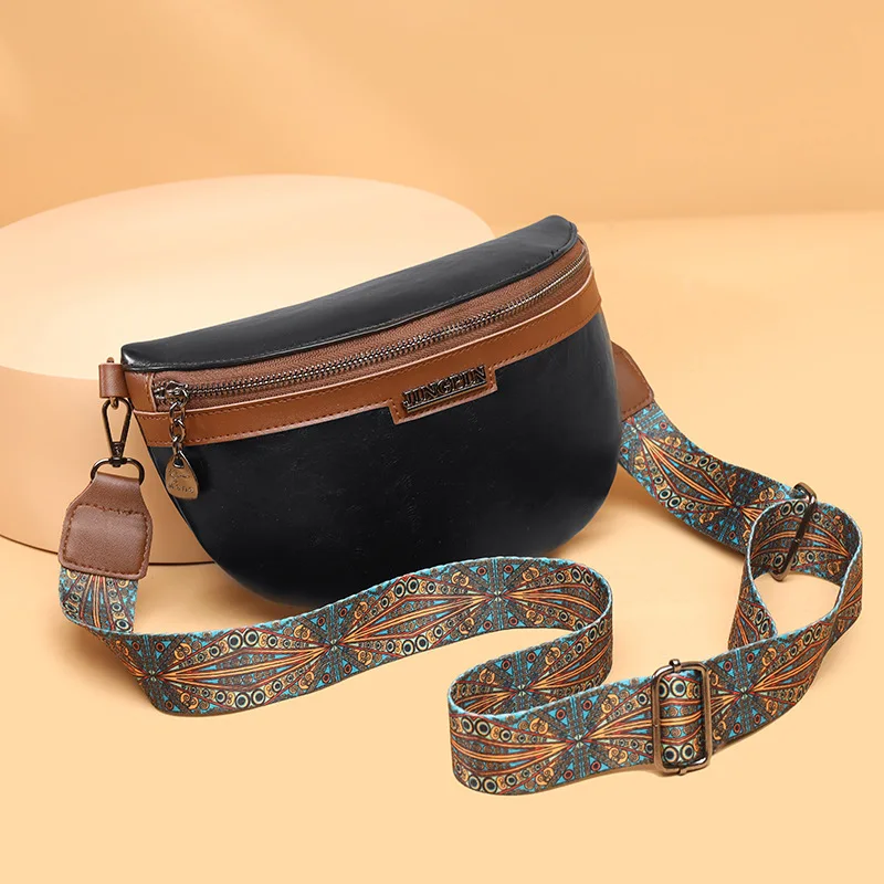 Elegant Contrast Colour PU Leather Waist Bags For Women 2023 Vintage Fanny Pack Ladies Waist Pack Wide Strap Crossbody Chest Bag