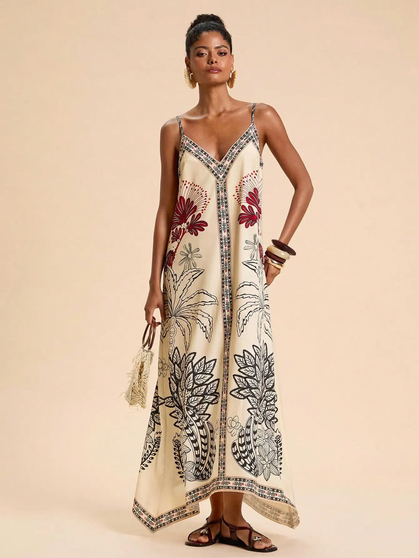 Boho bloemenprint spaghettibandjes jurk met V-hals voor strandvakantie en zomeroutfits