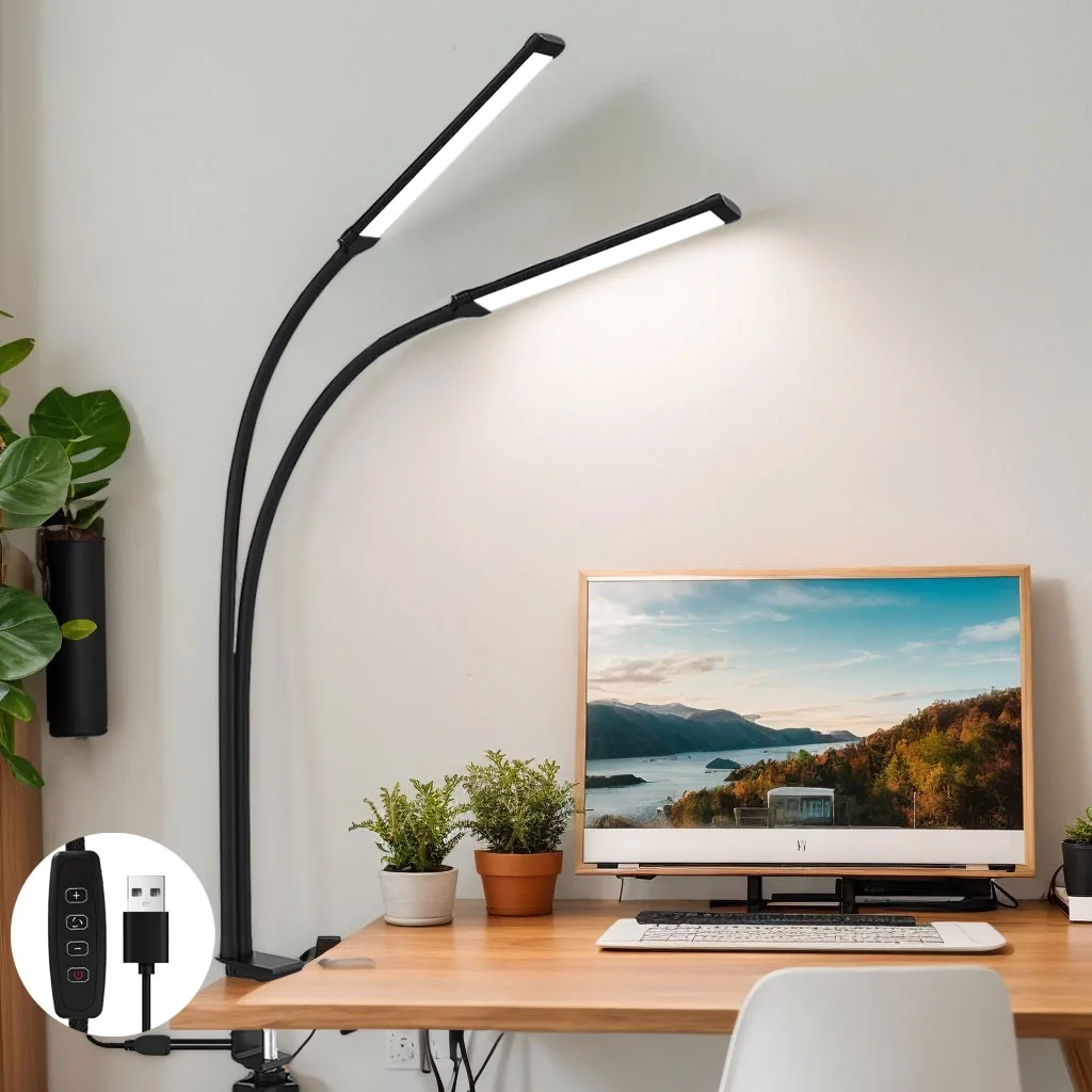 

1Pc LED Clip Desk Lamp Dual Arm, Flexible Gooseneck Eye-Caring Table Light, USB Read Clamp Light for Office Headboard work Dorm