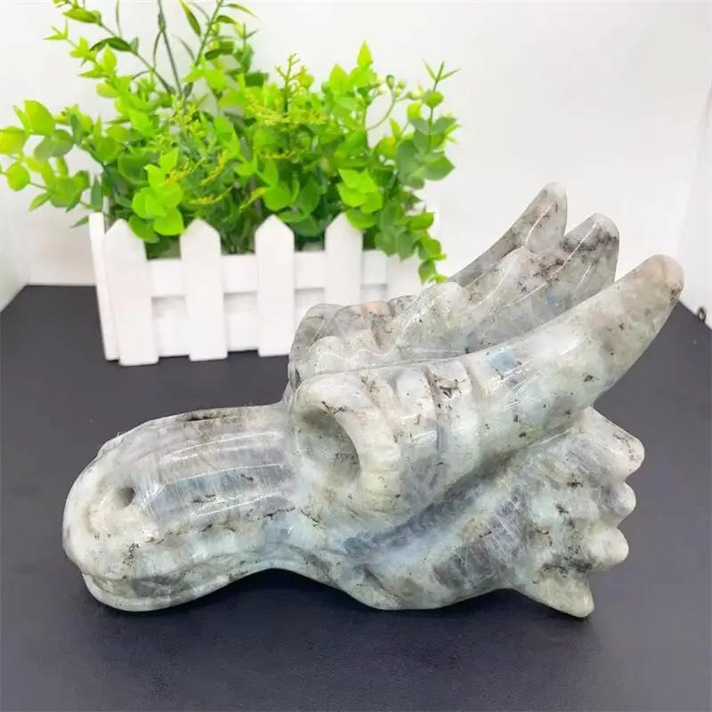 

Natural Labradorite Dragon Skull Carving Healing Fengshui Stone Family Decoration Collection Gifts 1PCS