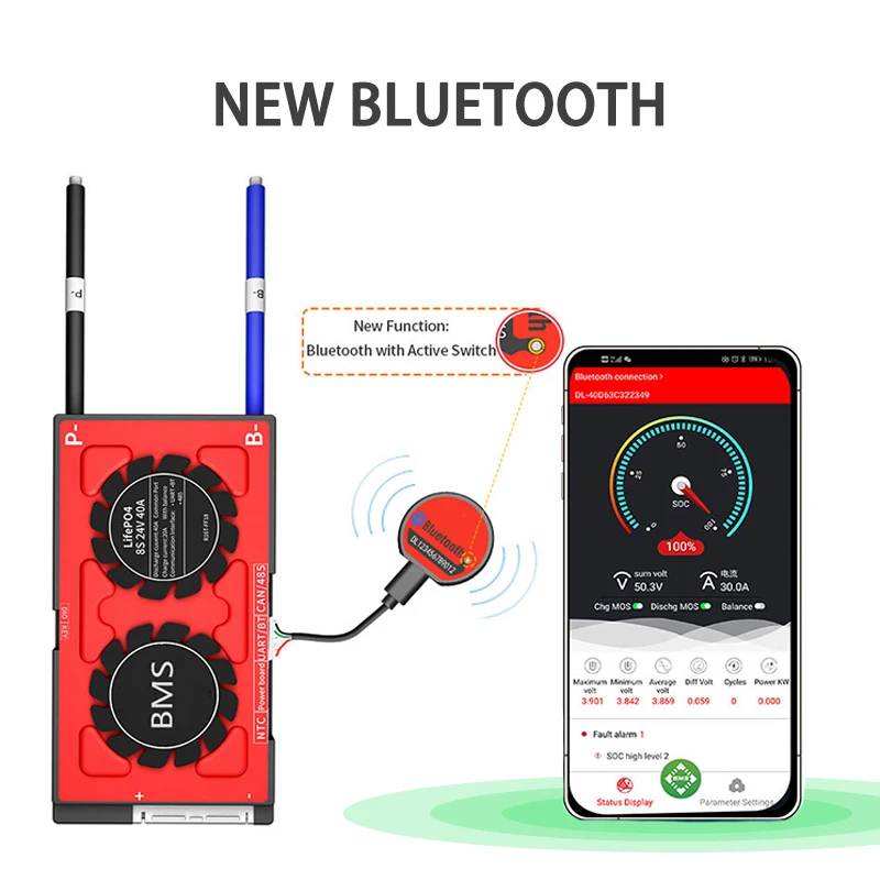 BMS 8S 24V Lifepo4 30A 50A 60A 100A 120A 150A 200A 250A Bluetooth APP Uart SOC For Lithium Battery