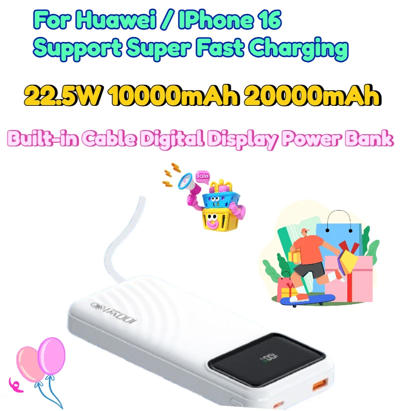 22.5W 10000mAh 20000mAh Built-in Cable Digital Display Power Bank for Huawei/ IPhone 16 Support Super Fast Charging