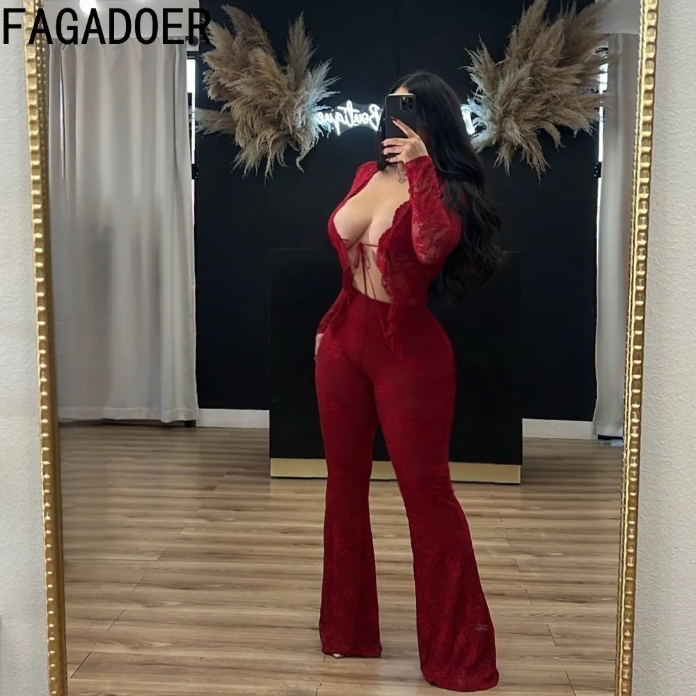 FAGADOER Sexy Lace Woman 2 Piece Set Outfit See Through Long Sleeve Lace Up Crop Top + Bodycon Pants Suits Female Streetwear New