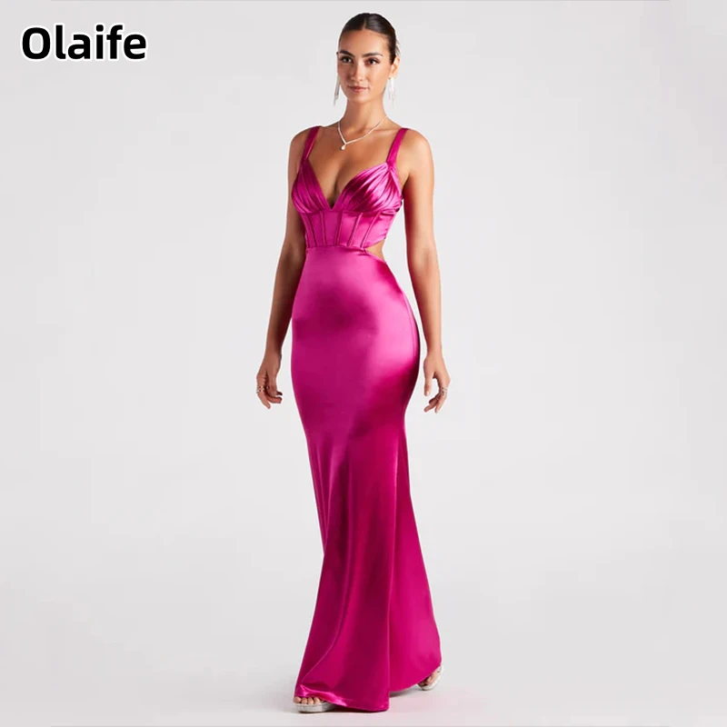 Olaife-Simples Sereia cetim vestido de noite, vestido sem mangas Sexy Backless, até o chão, vestidos de baile