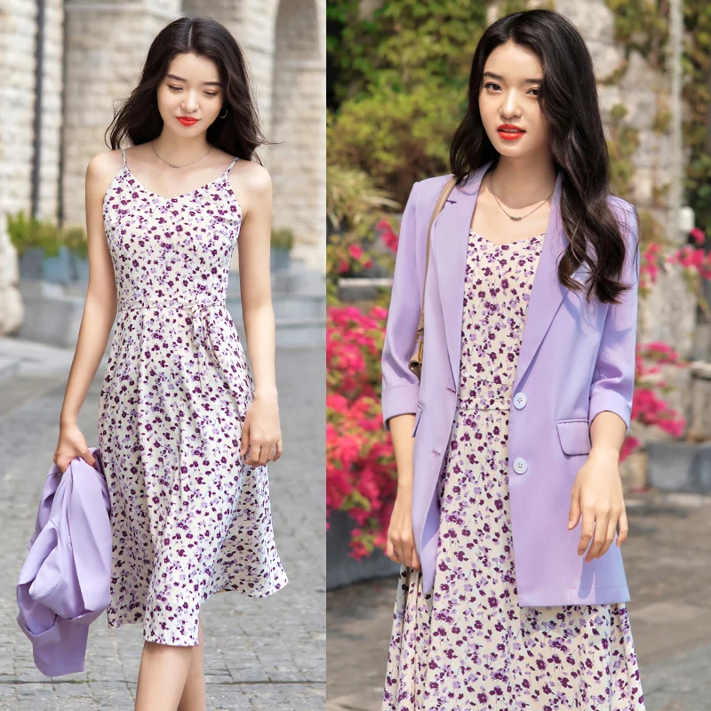

Платье А-силуэта с V-образным вырезом и завышенной талией, фиолетовое с цветочным принтом, женское летнее платье, комплект из двух предметов с внутренней юбкой, повседневный стиль