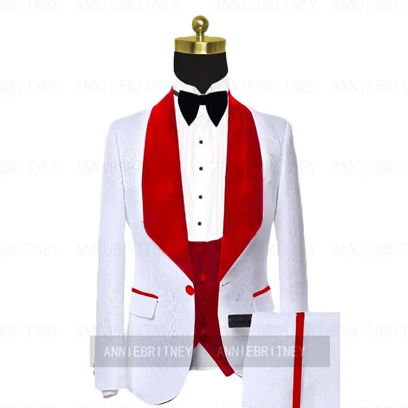 

2024 White Jacquard Formal Elegant Men Suit Groom Tuxedo Prom Slim Fit Blazer Hombre Shawl Lapel High Quality Custom 3 Piece Set