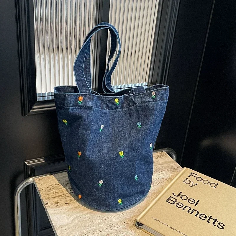 Solid Hot Selling Casual Shoulder Bags Sewing Thread Hasp Denim Handbags for Women 2024 Versatile Basic Style Embroidery