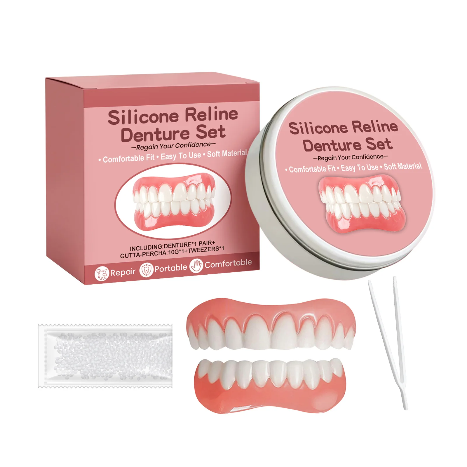 Silicone Reline Denture Set Comfort Fit Fake Teeth Kit Easy Operation Natural Looking Veneers For Cosmetic Teeth Restoration Kit