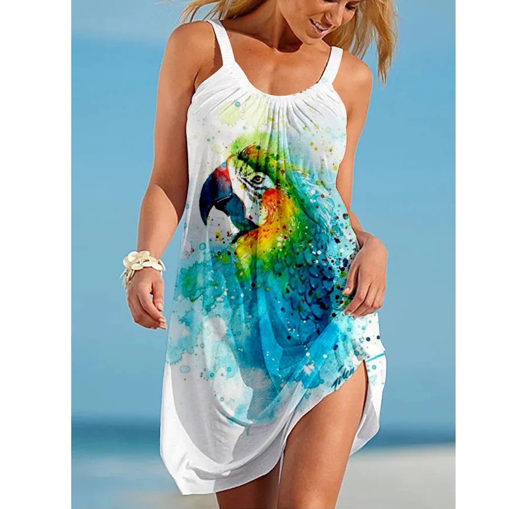 Sunflower Parrot Print Strap Mini Beach Dress Women Boho Summer Sexy Floral Dress Sleeveless Party Evening Dresses Hem Camisole view 3