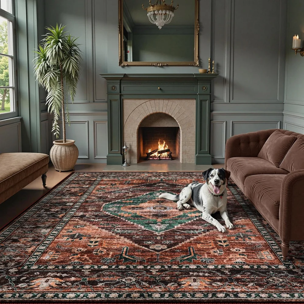 Extra Large 10x12 Boho Medallion Floral Persian Area Rug Blue White Washable Low Pile Carpet for Living Room Bedroom Home Decor
