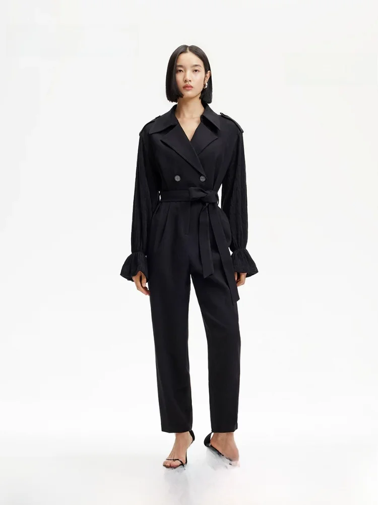 

High Waist One-Piece Spring Commute Style Women's Clothing Carrot Pants Nine Points Flip Collar Polyester Fiber