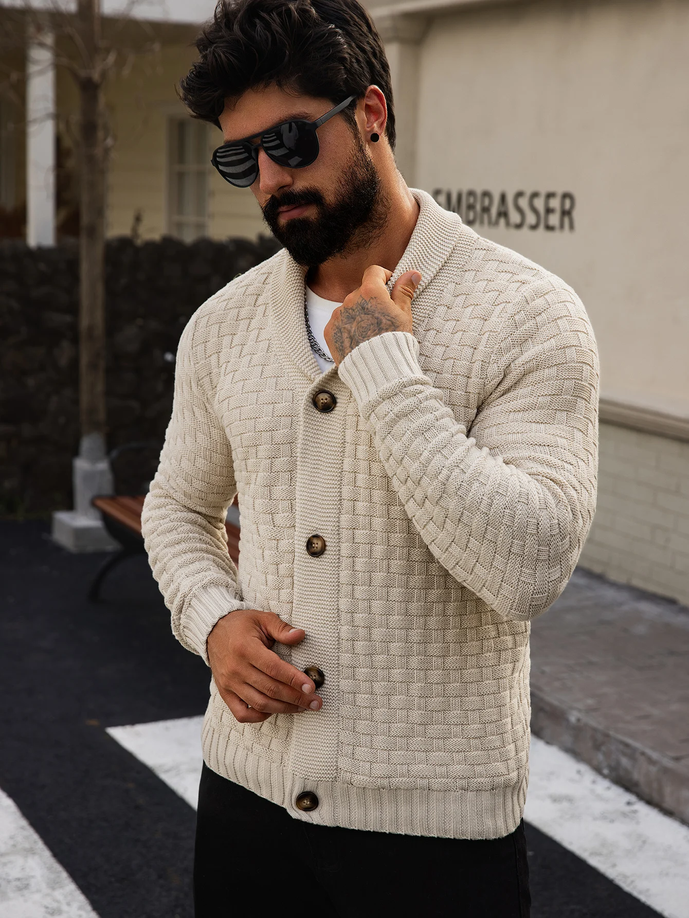Men's Autumn Winter Cardigan Sweaters Warm Knitted Open Front Long Sleeve V-Neck Pullover in Solid Color for Men