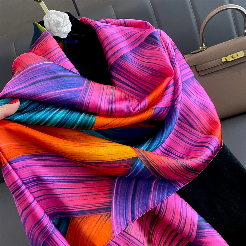 Fashion 180x90cm Satin Silk Scarf Women Luxury Large Shawl Wrap Muslim Hijab Headband Beach Stoles Female Bandana Foulard Turban