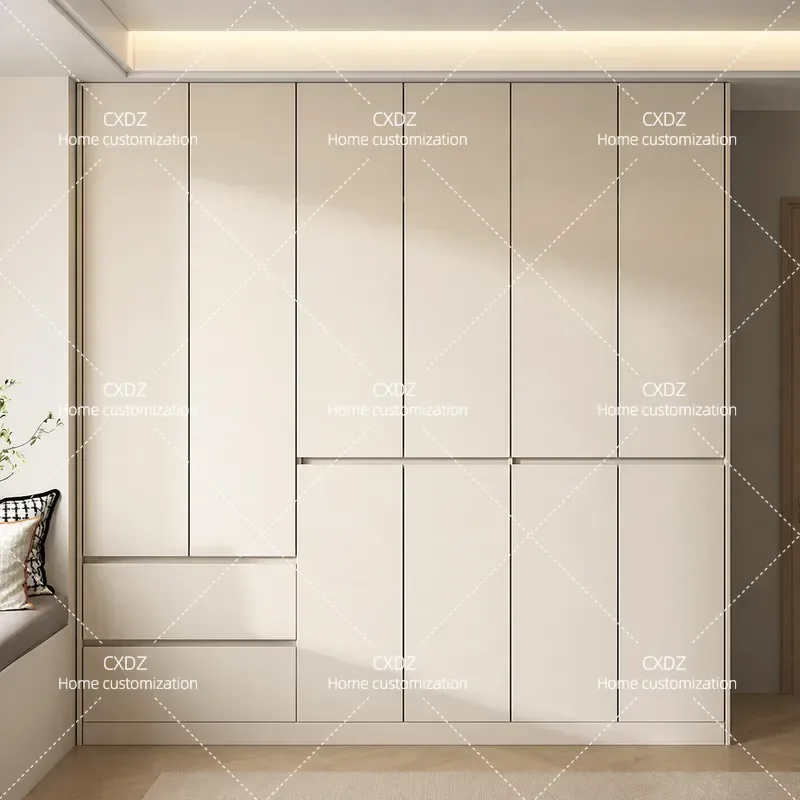 Cream Style Solid Wood Wardrobe E0 Grade Free Handle Cabinet Bedroom Household Segmented Storage Closet Furniture
