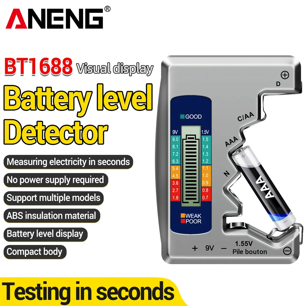 ANENG BT1688 Digital Battery Tester C AA AAA D N 9V 1.55V Button Cell Battery LCD Display Capacity Check Detector Capacitance