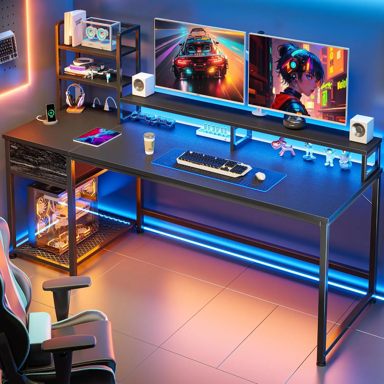 #55in Gaming Desk with Hutch & Drawers Reversible Monitor Shelf USB Power Outlets Storage LED Lights Home Office, Customized
