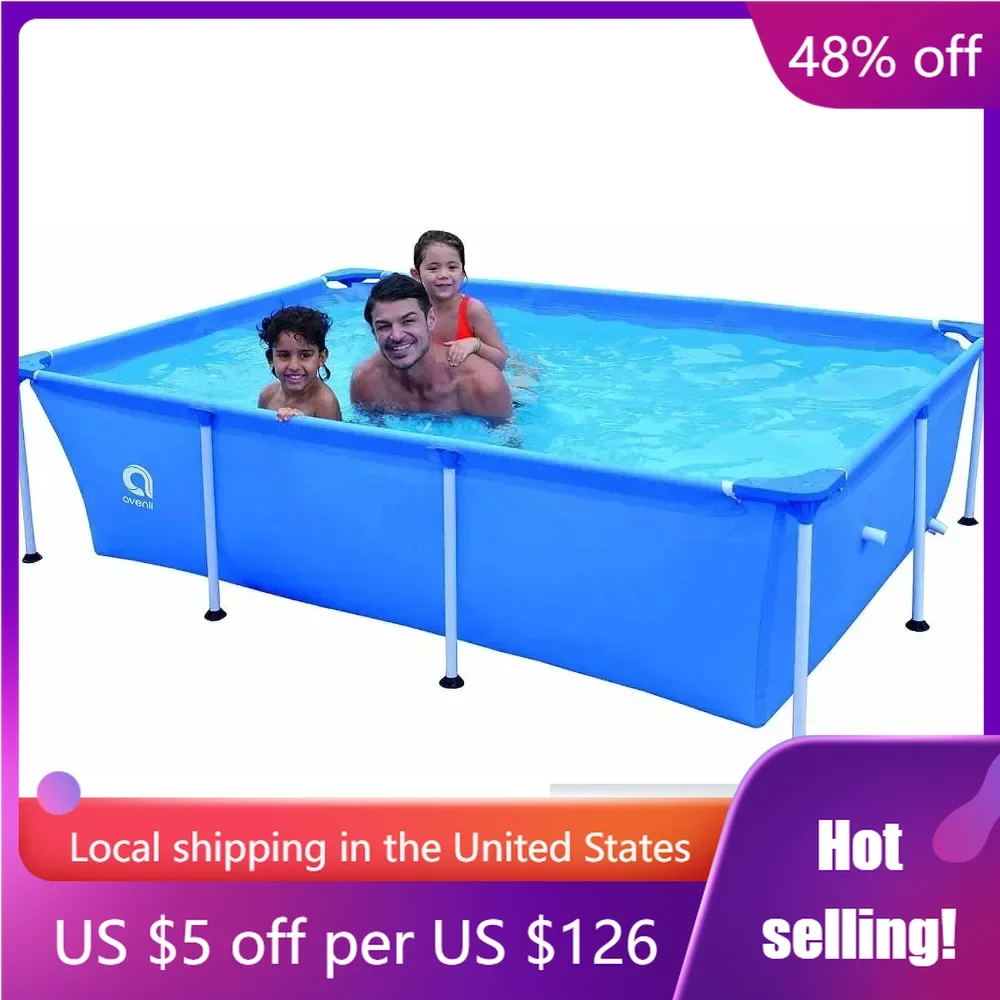 

Children adult above ground swimming pool, backyard lawn, home outdoor rectangular steel frame swimming pool, 8.5 'x 6' x 26“