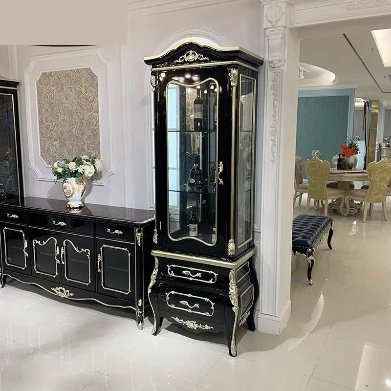 

European style solid wood single door wine cabinet neoclassical solid wood carved display cabinet restaurant wall lockers