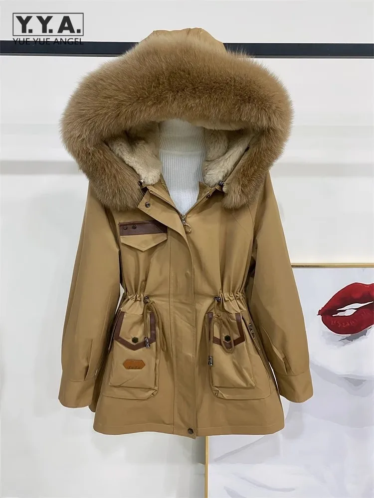 

Women Winter Parkas Zipper Thicken Warm Rabbit Fur Lining Hooded Overcoat Female Casual Outerwear Long Sleeve Fashion Cargo Coat