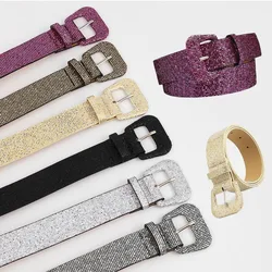 Shiny Sequins Waist Belt Square Pin Buckle Belts For Women Elastic Waistbands Golden Silver Ladies Jeans Belt Fashion