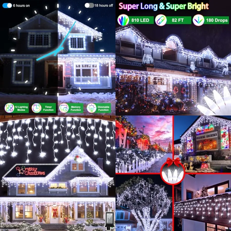 

82Feet 810 LED Christmas Lights 180 Ice Drops, 12 Lighting Modes and Timer Memory Dimmable, Outdoor Waterproof Hanging Ice Stri