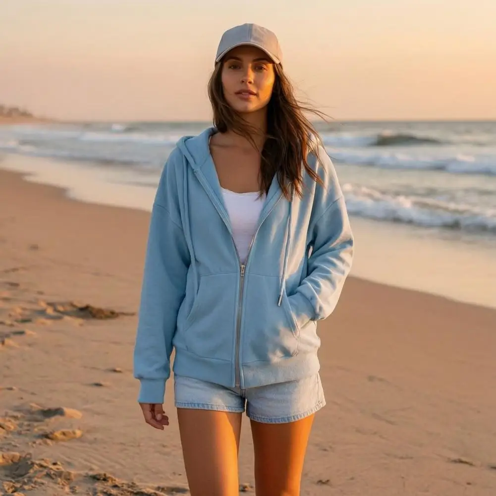 Women Zip-Up Hoodies, Casual Long Sleeve Sweatshirt With Pockets, Solid Color Drawstring Hooded Coat