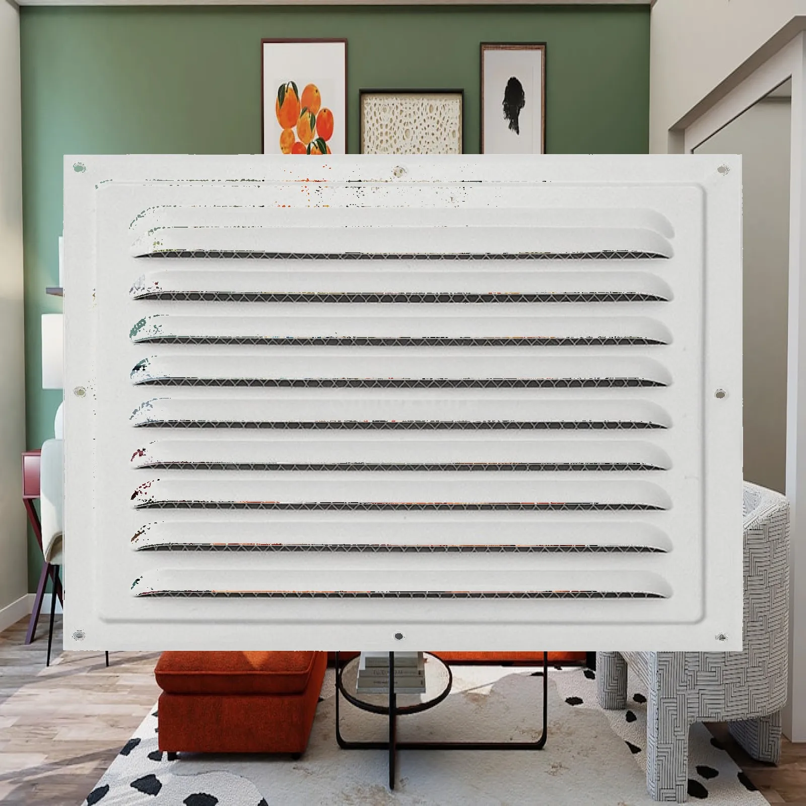 Exterior Wall Mount Vent Grille White Metal Louvered Cover with Fine Mesh for Ventilation and Guard