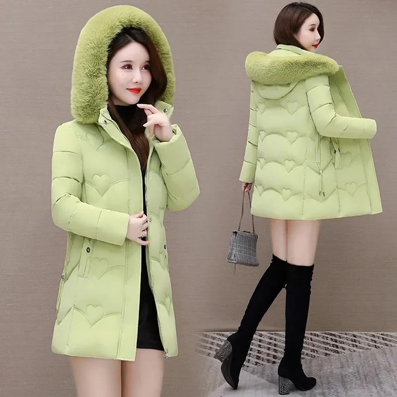 2025 เสื้อแจ็คเก็ตสตรีฤดูหนาวใหม่ Parkas Faux Fur Collar Hooded Jacket หญิงลงเสื้อแจ็คเก็ตผ้าฝ้าย Parka Outwear สุภาพสตรี Overcoat