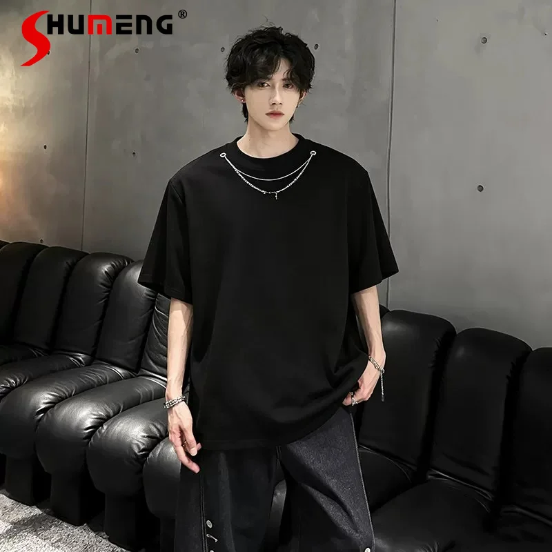 

Men's 2026 Summer Short-sleeve Tees High-end Metal Chain Fashion T-shirts Male Solid Color Chic Loose Trendy Men's Comfort Tops