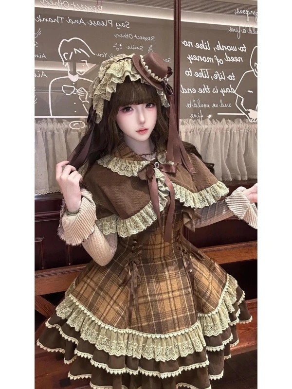 

Винтажный клетчатый кружевной плащ в стиле Лолиты, комплект футболок, женский осенне-зимний коричневый кукольный воротник, пушистый наряд Лолиты, ансамбль