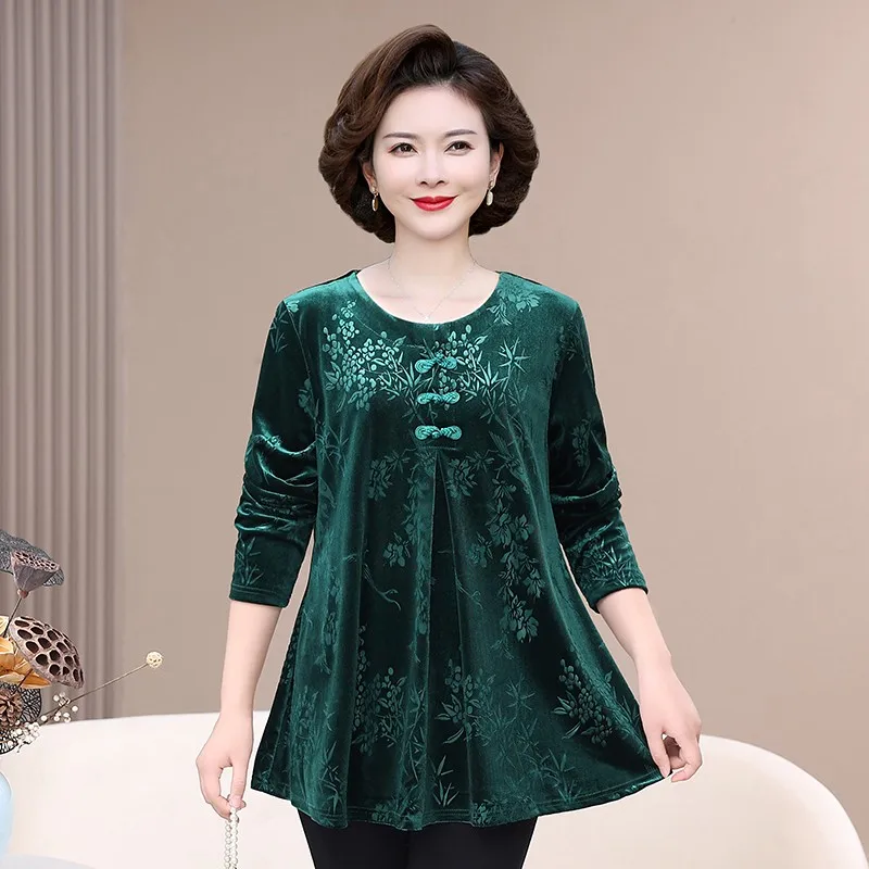 Autumn Long Sleeve T-Shirts Spring Fall Women Pullover Jacquard Middle Age Mother Retro Bottoming Shirt Casual Tops Tee 6XL7XL