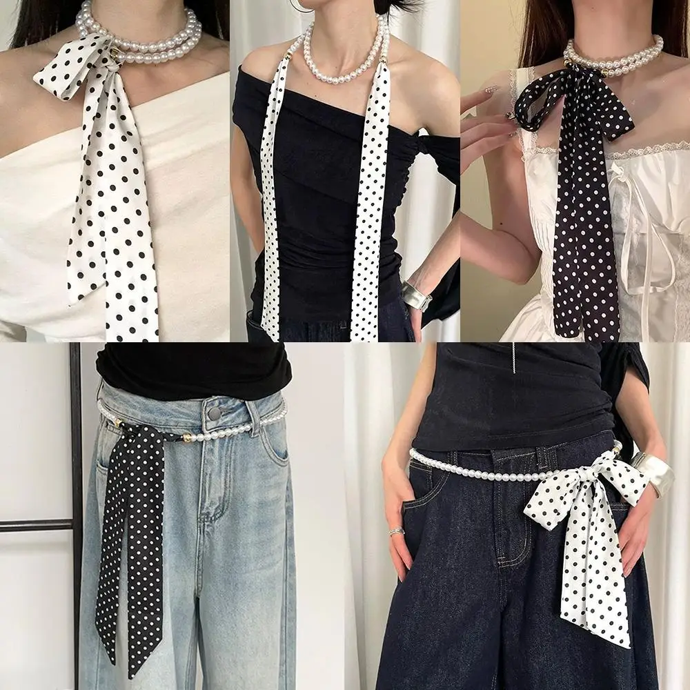

New Design Pearl Splicing Scarf Classic Polka Dot Scarf Women Waist Belt Decorative Bag Strap Ribbon Headbands Choker Streamer