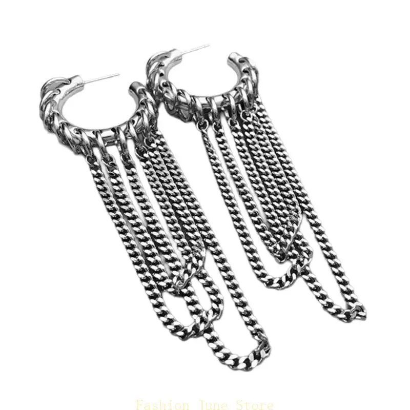 

N5KA Fashion Chain Tassels Hoop Earrings Circle Hoop Statement Fashion Jewelry Gift