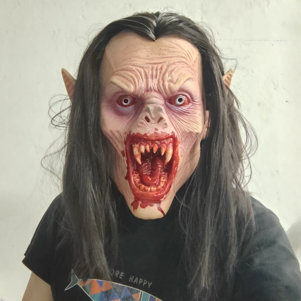 Dracula's Daughter Lifelike Halloween Horror Nights Mask with Bloody Sharp Teeth Long Hair Vampire Rubber Costume Prop for Adult