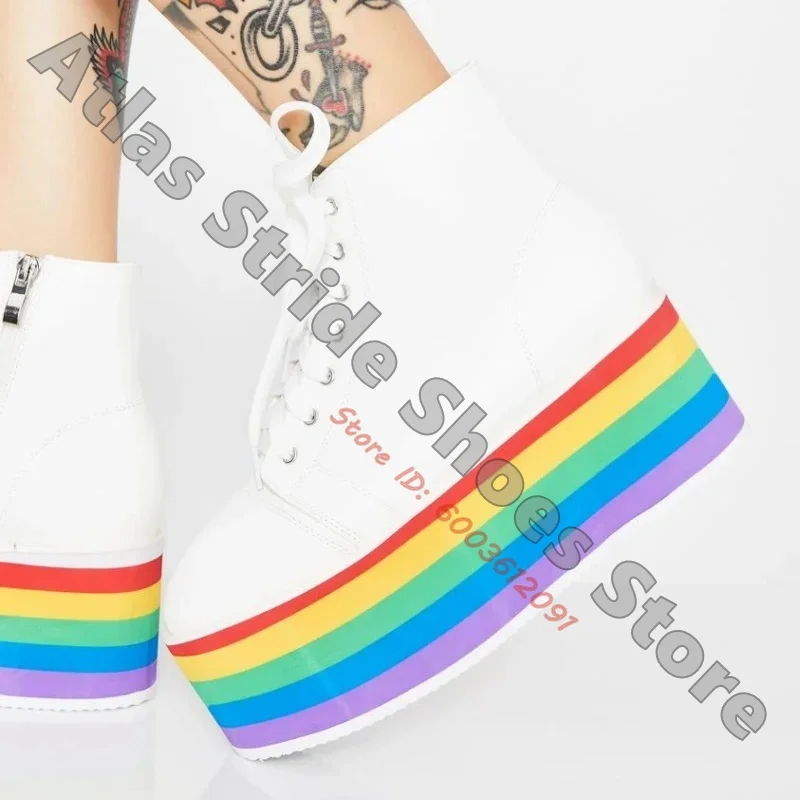Rainbow Platform High Top Sneakers Lace Up Side Zipper Multicolor Layered Chunky Sole Pride Y2K Street Casual  Shoes