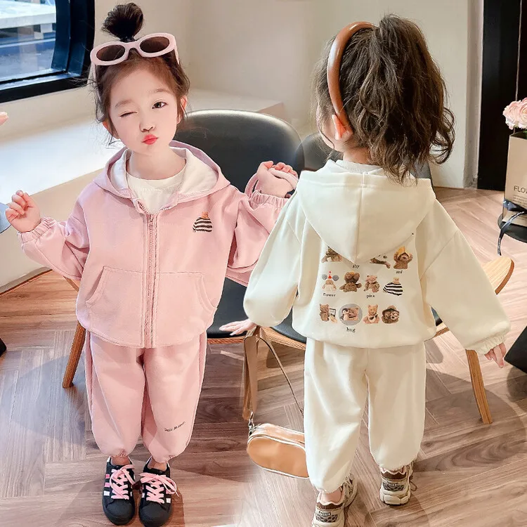 Autumn Teen Girl Clothes Children Full Sleeve Zip Jackte Coat and Teddy bear Set Kid Sweatshirt Sweatpant Tracksuit Outfits