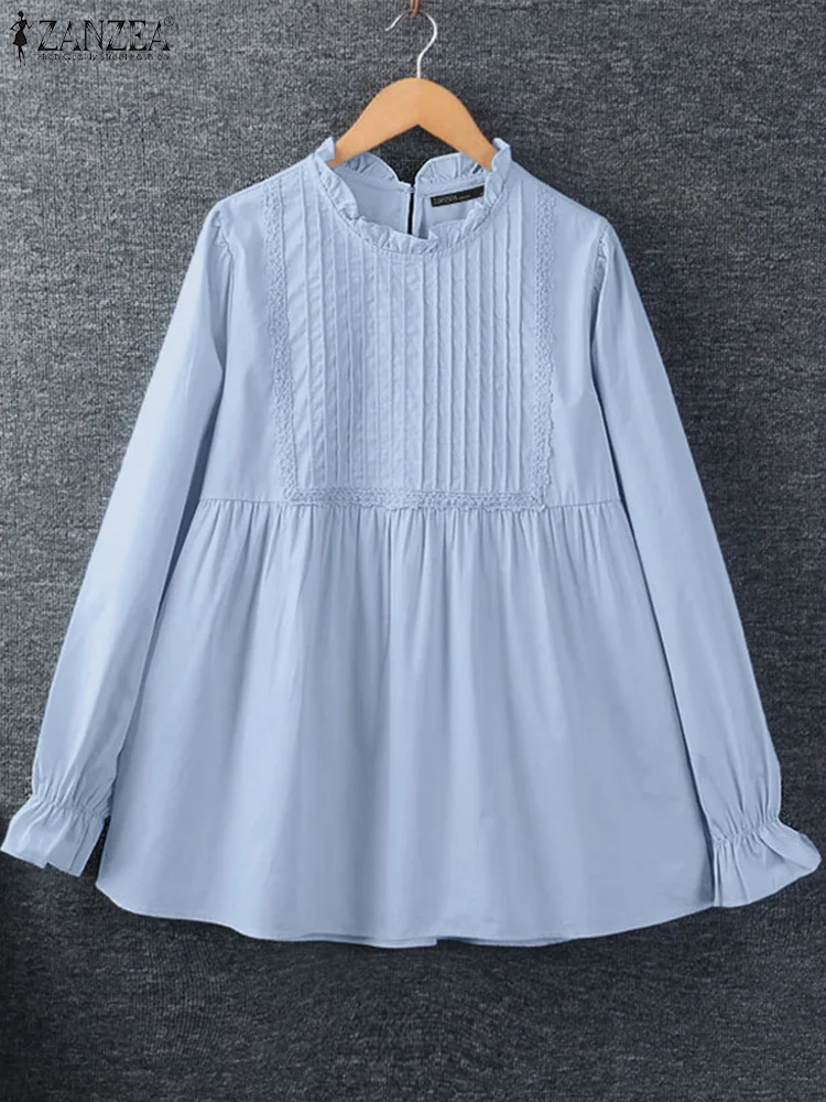 ZANZEA Fashion Long Sleeve Pleated Women Blouse Spring Elegant Solid Work Blusas Autumn Casual Loose Ruffles Hem Tops Tunic 2025