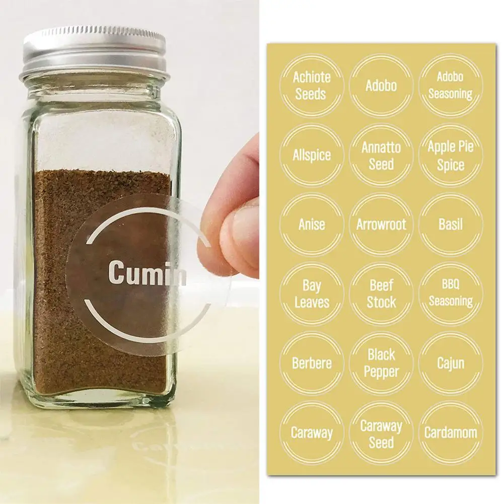 144Pcs Transparent Spice Jar Labels White Self-Adhesive Water & Oil-Proof Kitchen Storage Bottle Jars Stickers for Organization