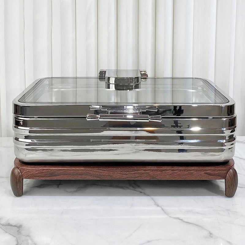 Buffet Catering 304 Stainless Steel Electric Hydraulic Induction Chafing Dish Food Warmer With Wood Grain Stand And Glass Lid