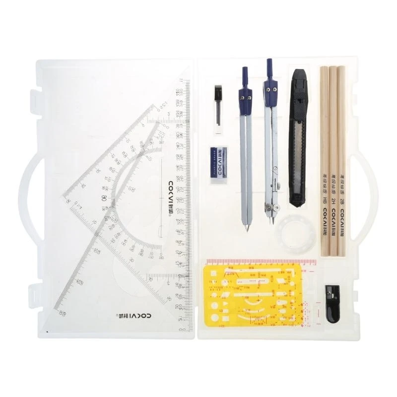 W89C Math Geometry Kit-Sets 18Piece Student Supplies Include Protractor Eraser Protractor Pencil for Drafting Drawing