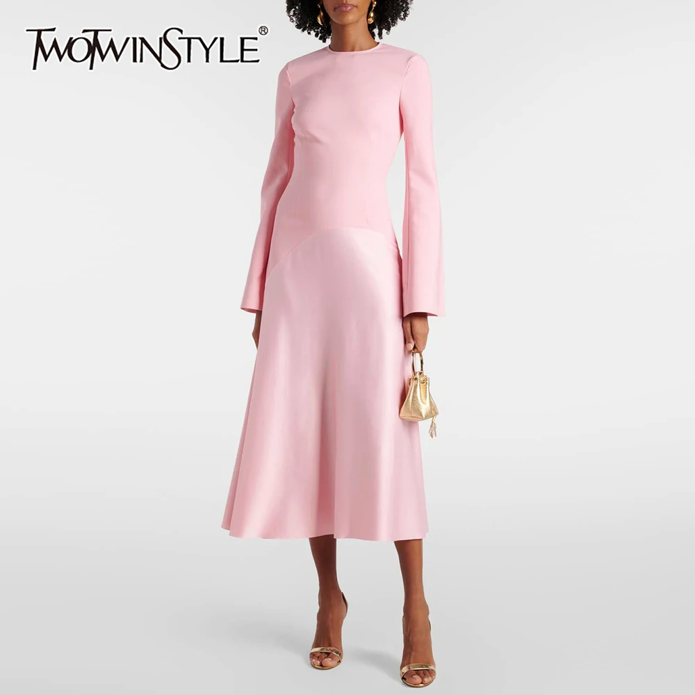 TWOTWINSTYLE Solid Slimming Fashion Dresses for Women Round Neck Long Sleeves Patchwork Zipper Temperament Dress Female Clothes