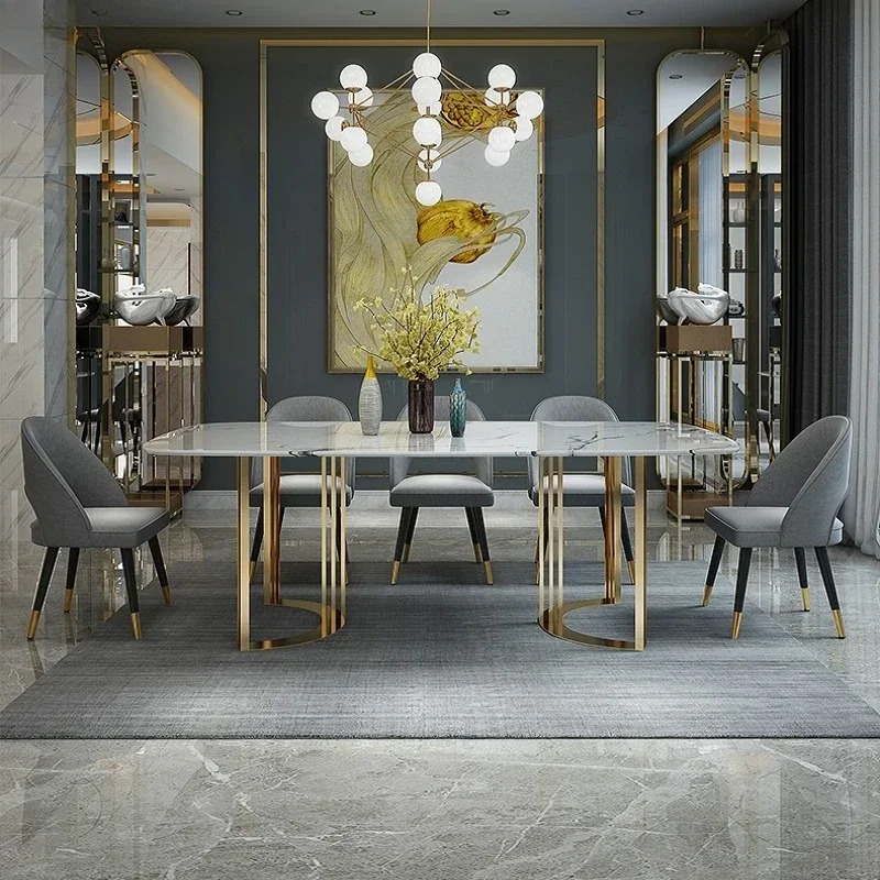 

Portable Italian Luxury Marble Dining Table Set 6 Chairs Kitchen Furniture Stainless Steel Gold Plating Base Dining Table Chairs