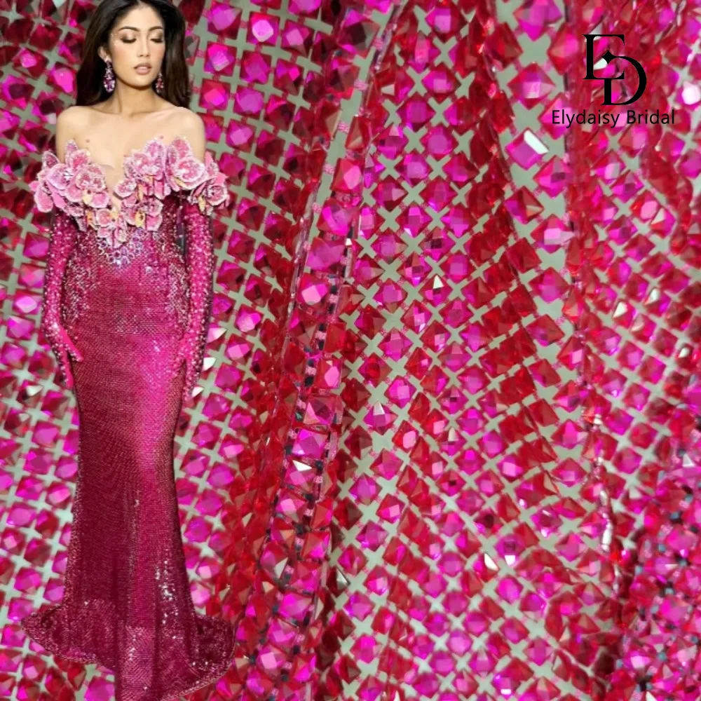 

ELYDAISY 1 Yard Hot Pink 6x6mm Square Rhinestone Lace Fabric for Wedding Decoration Party Dress Fashion Applique Accessories