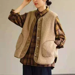 สวมใส่สองด้าน Lamb ขนสัตว์เสื้อกั๊กผู้หญิงฤดูใบไม้ร่วงฤดูหนาวหลวม Corduroy เสื้อกั๊กเสื้อแฟชั่นกระเป๋า Gilet Femme