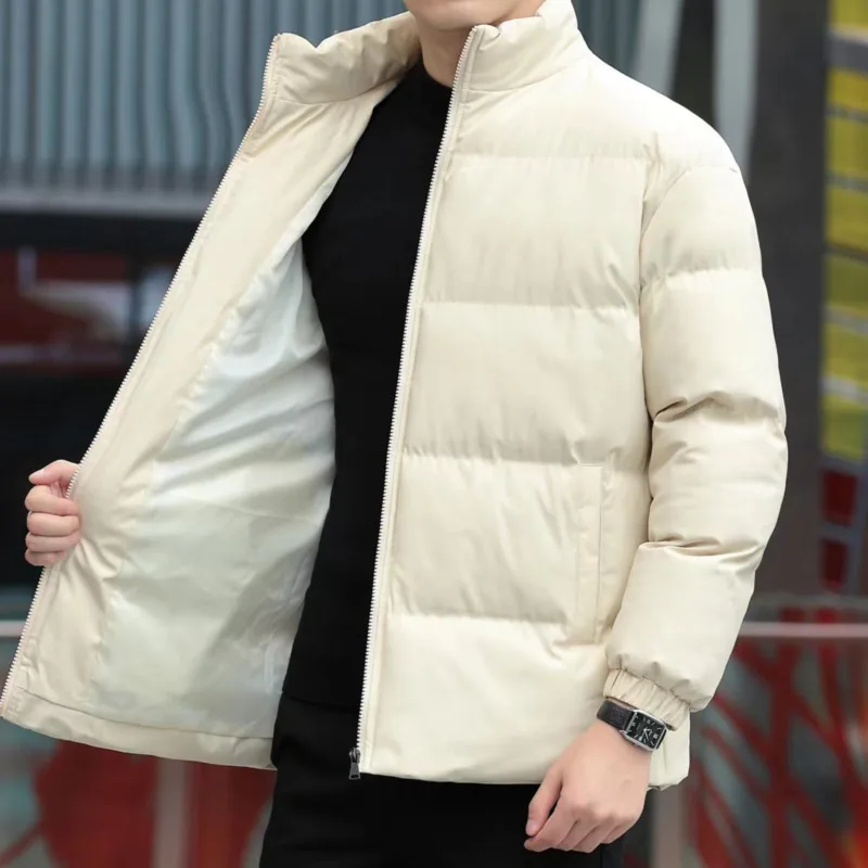 2022 Winter New Men Padded Jacket Solid Thicken Warm Loose Coat Wild Long Sleeve Stand Collar Outerwear Korean Fashion Clothing