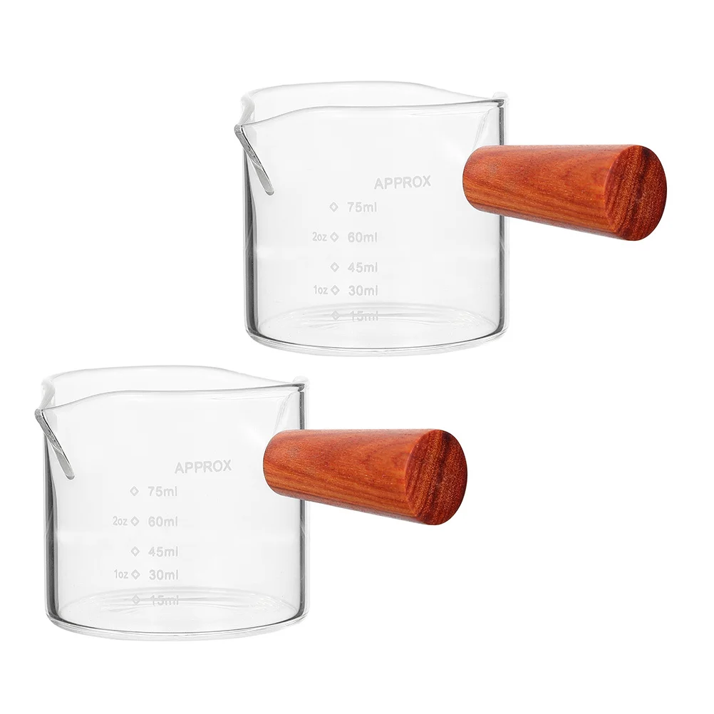 

2Pcs Wood Handle Coffee Measuring Cup Glass Milk Pitcher with Scale for Use Double Mouth Transparent Heat Resistant Cup