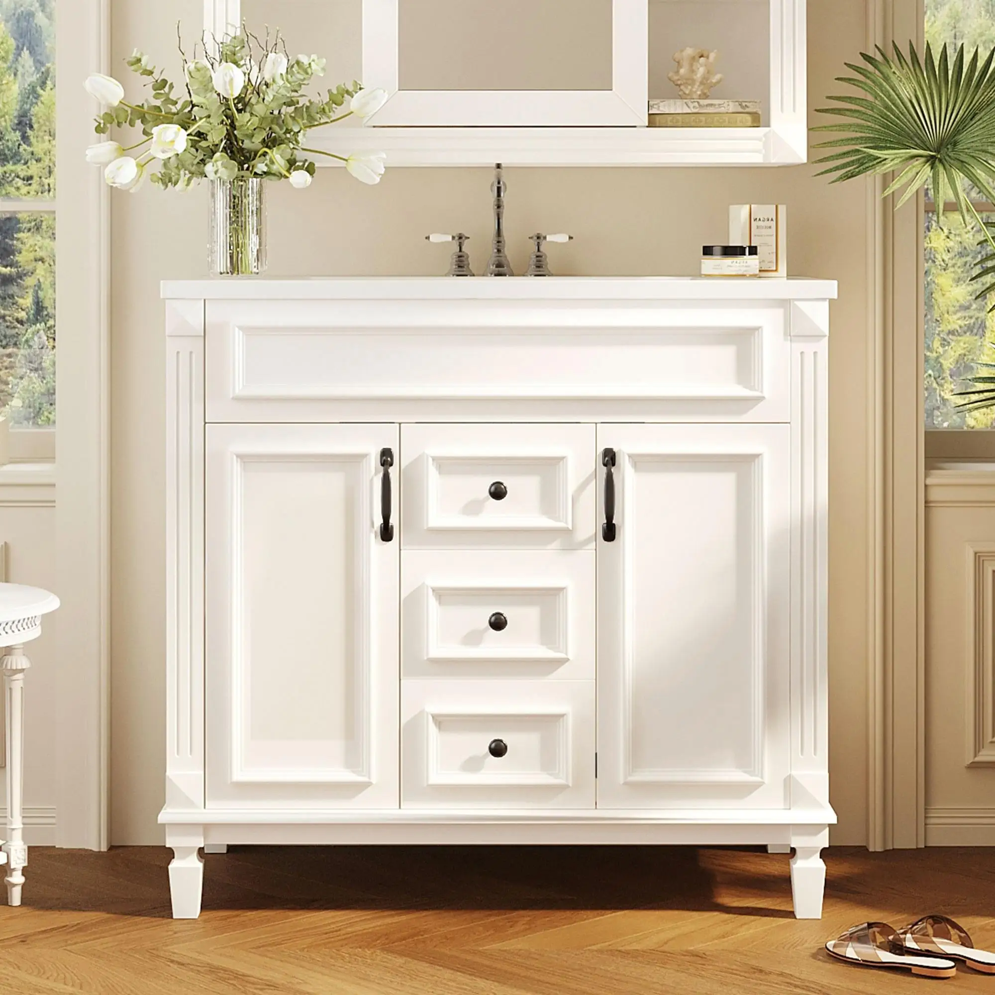 36'' Modern Bathroom Vanity with Top Sink & Storage, Soft-Close Doors & Drawers, Single Sink Cabinet