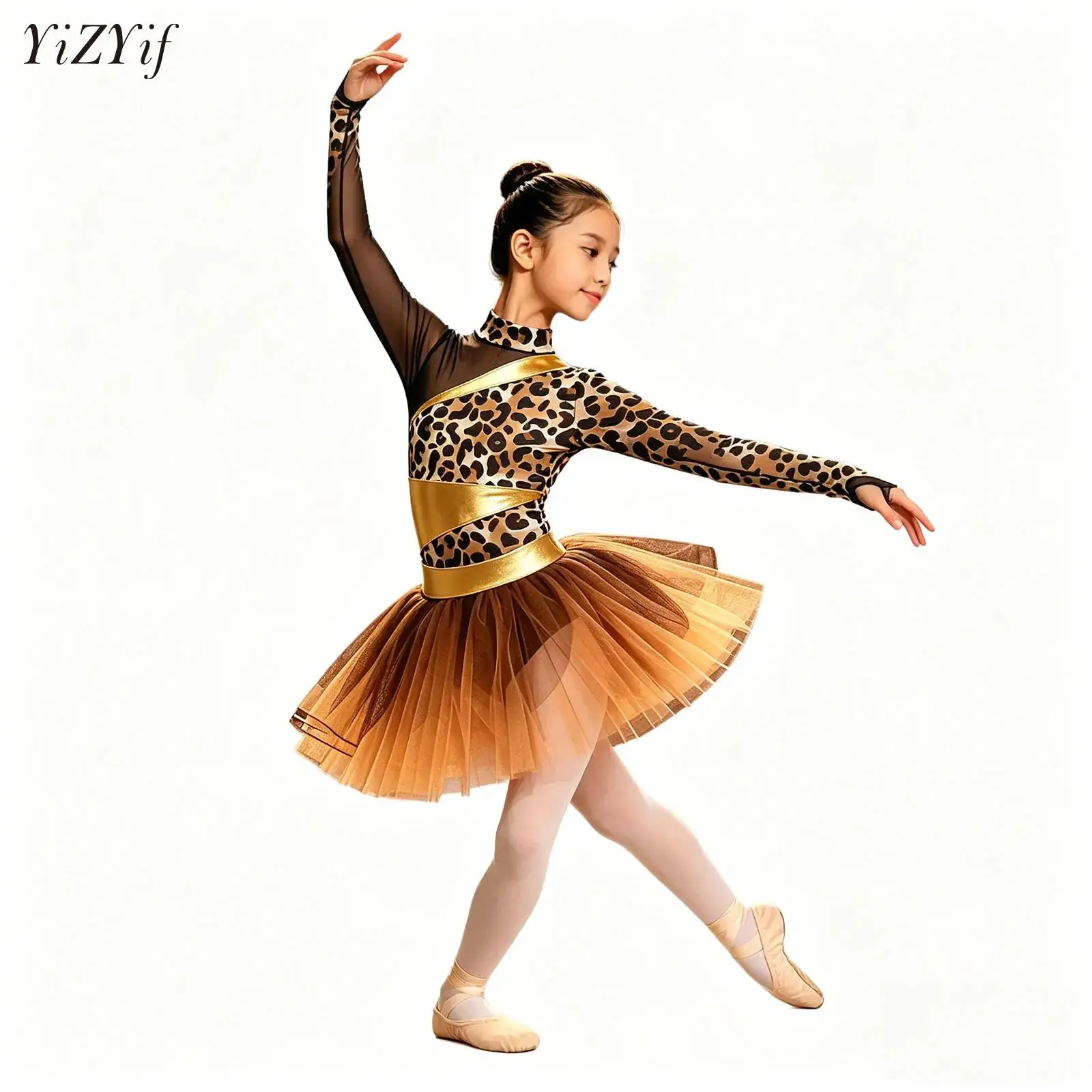 

Kid Girls Long Sleeve Printed Ballet Mesh Tutu Dress Stage Performance Costume Halloween Carnival Prehistoric Cave Stone Clothes